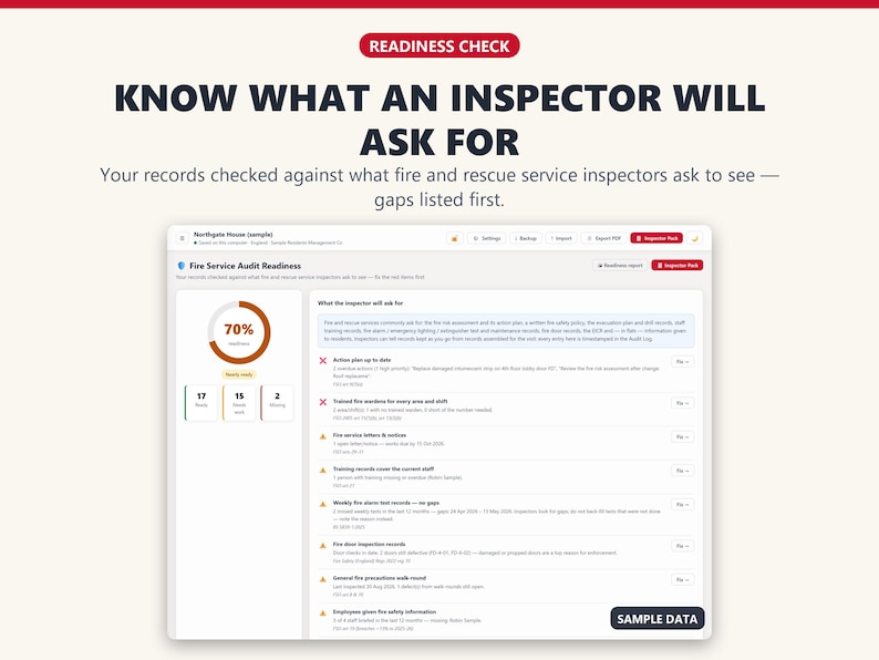 Readiness check comparing fire safety records with what fire and rescue service inspectors ask to see, gaps listed first.