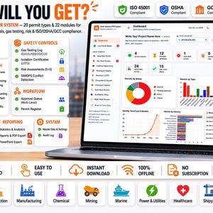 May include: A laptop displaying a digital dashboard for a permit to work system. The screen shows various charts, graphs, and project management data. Surrounding the laptop are text boxes detailing system features, compliance standards, and industry icons.