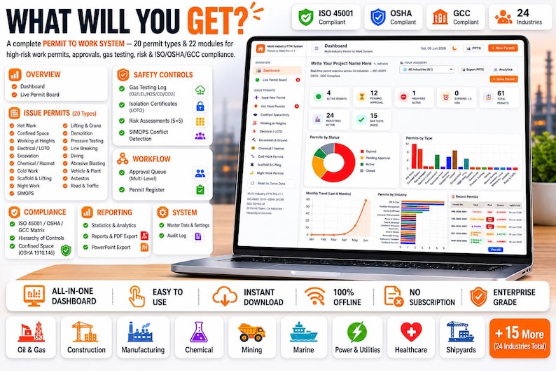 May include: A laptop displaying a digital dashboard for a permit to work system. The screen shows various charts, graphs, and project management data. Surrounding the laptop are text boxes detailing system features, compliance standards, and industry icons.