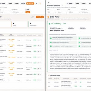 K&ouml;nnte beinhalten: Eine digitale Dashboard-Oberfl&auml;che mit einem Register interessierter Parteien und einer Arbeitsschutzrichtlinie. Das Layout enth&auml;lt Datentabellen, Statusanzeigen und Navigationsmen&uuml;s zur Verwaltung der ISO 45001:2018-Konformit&auml;t und Richtlinienversionen.