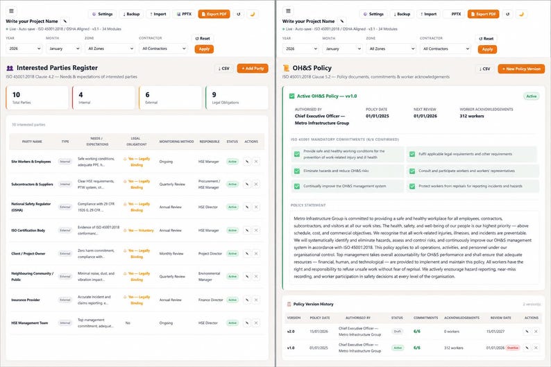 K&ouml;nnte beinhalten: Eine digitale Dashboard-Oberfl&auml;che mit einem Register interessierter Parteien und einer Arbeitsschutzrichtlinie. Das Layout enth&auml;lt Datentabellen, Statusanzeigen und Navigationsmen&uuml;s zur Verwaltung der ISO 45001:2018-Konformit&auml;t und Richtlinienversionen.