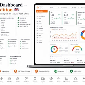 K&ouml;nnte beinhalten: Ein Laptop-Bildschirm zeigt das HSE Dashboard UK Edition mit ISO 45001:2018-Ausrichtung, 58 Modulen und Offline-Funktionalit&auml;t. Die Benutzeroberfl&auml;che enth&auml;lt verschiedene Datenmetriken, Diagramme und Compliance-Kategorien wie Risiko- und Audit-Management.