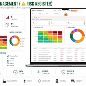 K&ouml;nnte beinhalten: Ein Laptop-Bildschirm mit einem Risikomanagement- und Risikoregister-Dashboard nach ISO 45001. Die Benutzeroberfl&auml;che zeigt Datenzusammenfassungen, eine 5x5-Risiko-Heatmap, ein Donut-Diagramm nach Kategorien und eine detaillierte Tabelle der Risikobewertungen.