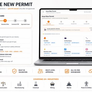 May include: A laptop displaying an Issue New Permit software interface with a 5-step guided wizard, key features list, and industry icons. The screen shows permit types for oil and gas, including hot work, confined space, and electrical LOTO.