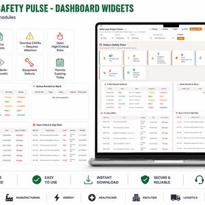 K&ouml;nnte beinhalten: Eine digitale Dashboard-Oberfl&auml;che mit dem Titel Today's Safety Pulse - Dashboard Widgets auf einem Laptop-Bildschirm. Das Layout enth&auml;lt acht KPI-Module sowie Tabellen f&uuml;r aktuelle Vorf&auml;lle, aktive Genehmigungen und Risiken.