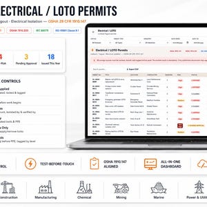 May include: A laptop screen displaying an Electrical LOTO Permits dashboard with an overview of active, high-risk, and pending permits. The interface includes key features like Lockout Tagout control, test-before-touch, and isolation certificates.