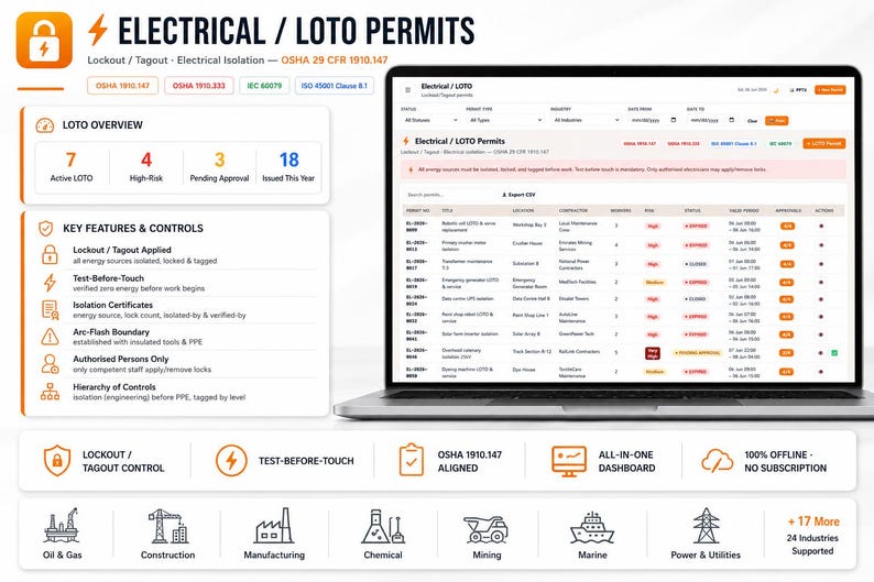 May include: A laptop screen displaying an Electrical LOTO Permits dashboard with an overview of active, high-risk, and pending permits. The interface includes key features like Lockout Tagout control, test-before-touch, and isolation certificates.