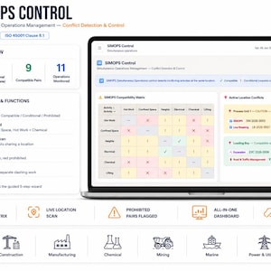 May include: A laptop screen displaying the SIMOPS CONTROL software interface, featuring a compatibility matrix, active location conflicts, and an overview dashboard. The software includes sections for conflict detection, live location scanning, and permit issuance for various industrial sectors like oil, gas, and construction.