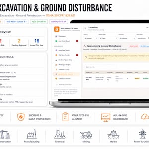 May include: A digital dashboard interface titled Excavation & Ground Disturbance displayed on a laptop screen. The layout includes an excavation overview, key features and controls, and a permit management system for industrial safety compliance.