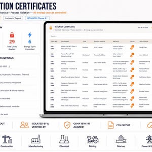 May include: A laptop screen displaying an Isolation Certificates software interface. The dashboard shows an overview of certificates, active isolations, and lock counts. A table lists equipment, energy sources, and status. Icons represent industries like oil, gas, and construction.