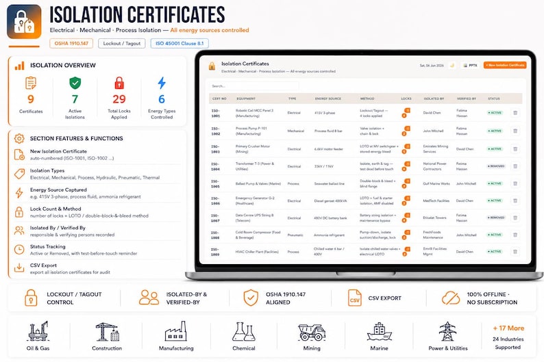 May include: A laptop screen displaying an Isolation Certificates software interface. The dashboard shows an overview of certificates, active isolations, and lock counts. A table lists equipment, energy sources, and status. Icons represent industries like oil, gas, and construction.