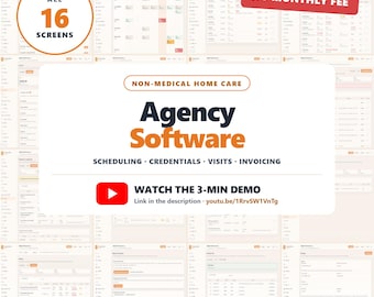 May include: Non-medical home care agency software featuring 16 screens for scheduling, credentials, visits, and invoicing. The interface includes a red YouTube play button icon, text stating no monthly fee, and instructions to watch the 3-min demo.