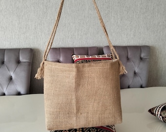 Natural Jute Tote Bag, Boho Farmhouse Market Shopper