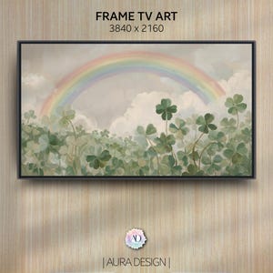May include: A framed artwork featuring a rainbow over a field of clovers. The artwork has a black frame and the text "FRAME TV ART 3840 x 2160" at the top. The bottom of the frame has the text "AURA DESIGN".