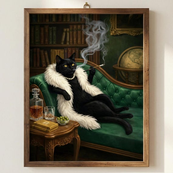 Black Cat Wall Art, Vintage Gothic Cat Portrait Print, Moody Library Decor, Dark Academia Poster, Whimsical Victorian Animal Art