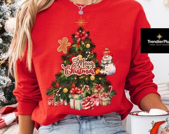 Merry Christmas Tree Sweatshirt, Snowman Gingerbread Holiday Family Sweater, Xmas Hoodie Gift