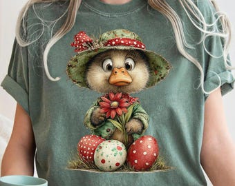 Funny Duck Shirt, Comfort Colors® Spring Duckling Tee, Vintage Style Easter Animal T-Shirt, Easter Eggs and Duck Top
