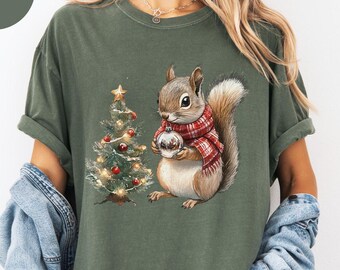 Cute Christmas Squirrel Shirt, Winter Holiday Comfort Colors Long Sleeve Tee, Woodland Animal T-Shirt, Cozy Winter Animal Sweatshirt