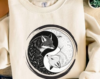 Fox Yin Yang Graphic Sweatshirt, Mystical Celestial Tee, Sun Moon Shirt, Dark Academia Top