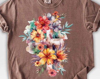 He Is Risen Shirt, Comfort Colors® Christian Cross Shirt, Floral Cross Tee, Resurrection Sunday Church Shirt, Religious Christmas Gift
