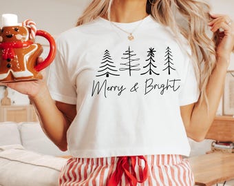 Minimalist Christmas Trees Shirt, Merry And Bright Crop Top, Holiday Baby Tee