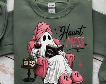 Haunt Mess Ghost Sweatshirt, Funny Halloween Wine Reader Hoodie, Cute Spooky Season Top, Fall gift for Moms Sisters Best Friends
