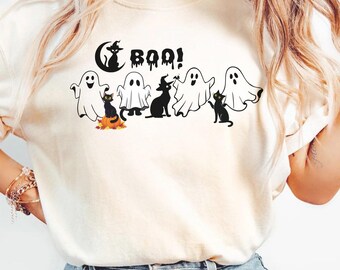 Boo Ghost Black Cat Shirt, Comfort Colors® Black Cat Witchy Halloween Tee, Funny Spooky T-Shirt, Fall Long Sleeve and Sweatshirt For Women