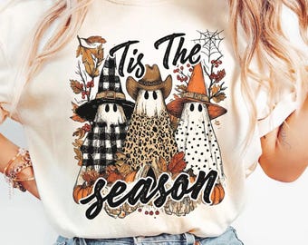 Tis The Season Halloween Ghost Shirt, Comfort Colors Long Sleeve Western Spooky Fall Tee, Cute Cowboy Cowgirl Ghosts Tee