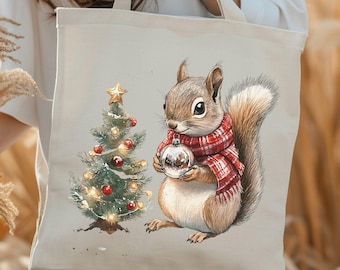 Christmas Squirrel Tote Bag, Winter Holiday Aesthetic Canvas Bag, Woodland Animal Lover Gift