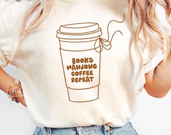 Mahjong Shirt, Books Mahjong Coffee Repeat Shirt, Comfort Colors® Long Sleeve Bookish Mahjong Tile Tee, Mahjong and Book Lovers Gift
