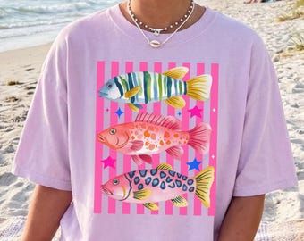 Comfort Colors Fish Shirt, Summer Boho Tee, Coastal Beach T-shirt, Tropical Bright Color Fish Tshirt, Retro Graphic Ocean Life Tee Gift