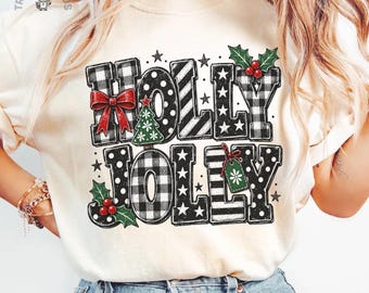 Holly Jolly Shirt, Comfort Colors® Christmas Tree Holly Shirt, Holiday Season Long Sleeve Tee, Christmas Vibes T-shirt, Christmas Shirt Gift