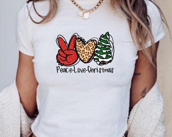 Peace Love Christmas Shirt, Christmas Peace Sign Leopard Heart Christmas Tree Baby Tee, y2k Holiday Gift