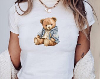 Watercolor Teddy Bear Baby Tee, Preppy Coquette Crop Top, Y2K Cute Bear Tee, Gift for Animal Lovers