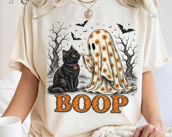 Comfort Colors®Ghost Boop Black Cat Halloween Shirt, Spooky Cute Cat Long Sleeve Tee, Funny Halloween T-Shirt Gift