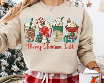 Merry Christmas Latte Shirt, Festive Coffee Iced Coffee Christmas Sweatshirt, Peppermint Latte Snowmen Tee, Coffee Lover Xmas Gift