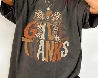 Give Thanks Thanksgiving Pumpkin Shirt, Comfort Colors Leopard Bow Fall Long Sleeve Tee, Thankful Fall Gift