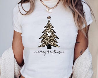 Leopard Print Christmas Tree Shirt, Merry Christmas Crop Top, Trendy Holiday Baby Tee, Y2K Xmas Gift