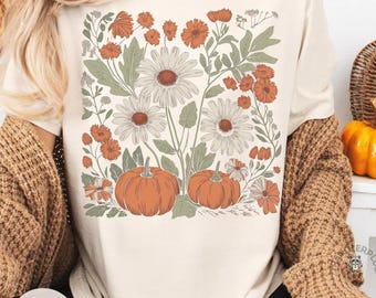 Boho Wildflower Pumpkin Fall Shirt, Comfort Colors® Long Sleeve Cottagecore Floral Pumpkin Tee, Retro Thanksgiving Shirt, Autumn Women Gift