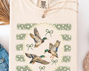 Vintage Mallard Duck Shirt, Coquette Cottagecore Bows Comfort Colors® Long Sleeve Graphic Tee, 90s Retro Mallard T-Shirt