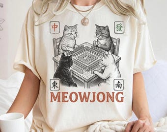 Meowjong Comfort Colors Shirt, Cats Playing Mahjong T-Shirt, Vintage Chinese Tile Game Gift, MahJong Player Present, Cat Mom Tee, Game Lover