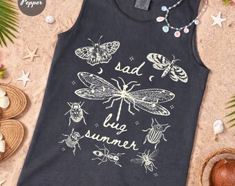 Retro Trauriger Käfer Sommer Comfort Colors® Shirt, Käfer T-Shirt, Cottagecore Insekt Tank Top, Natur Sommer T-Shirt, Geschenk für sie, süßes Käfer Liebhaber Shirt