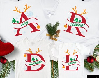 Custom Christmas Family Reindeer Letter Shirt, Personalized Monogram Name Holiday Matching Family Tee, Christmas Sweatshirt