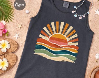 Vintage Sea Retro Ocean Sonne Sommer Komfort Colors® Shirt, Küsten Sommerferien Sonnenuntergang Tank Top, Meer Liebhaber Geschenk, Sonnenschein Tank Top