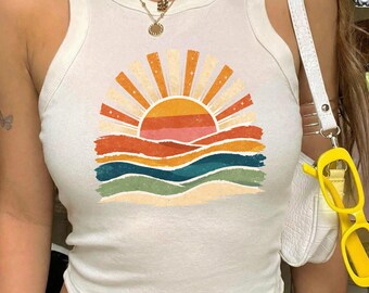 Vintages Meer Retro Ozean Sonne Sommer Shirt, Küsten Sommer Sonnenuntergang Racer Tank, Strand Urlaub Grafik T-Shirt, Ozean Liebhaber Geschenk Sonnenschein Tank Top