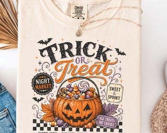 Retro Trick Or Treat Halloween Shirt, Comfort Colors Long Sleeve Vintage Pumpkin Candy Tee, Fall Seasonal Apparel Gift