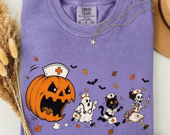 Nurse Halloween Shirt, Comfort Colors Long Sleeve Spooky Nurse Pumpkin Ghost Tee, Funny Halloween Gift for Nurse