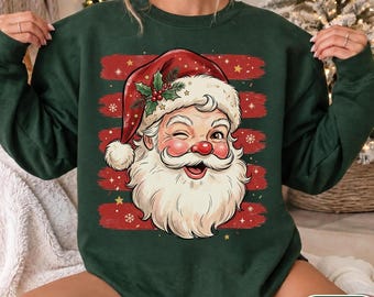 Vintage Winking Santa Christmas Sweatshirt, Retro Santa Claus Striped Graphic Hoodie, Cute Santa Youth Sweatshirt, Holiday Shirt Gift