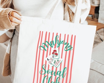 Retro Mahjong Social Club Tote Bag, Vintage Game Night Canvas Bag, Mahjong Player Gift, Christmas Gift for Mahjong Lovers