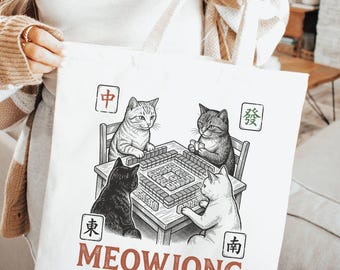 Meowjong Tote Bag, Cats Playing Mahjong Bag, Funny Mahjong Cat Canvas Shopping Bag, Vintage Chinese Tile Game Gift, Custom Name Cat Mom Bag